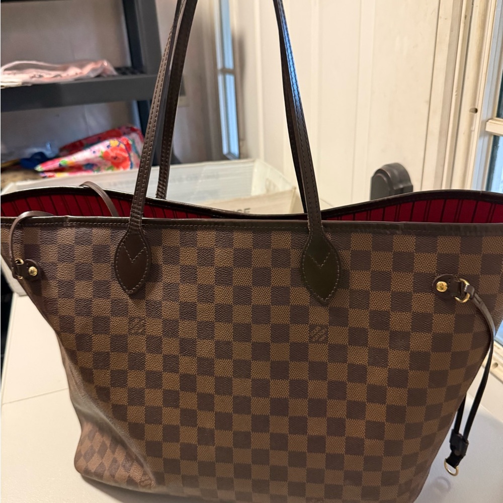 Louis Vuitton Brown Damier Canvas Tote with Red Lining